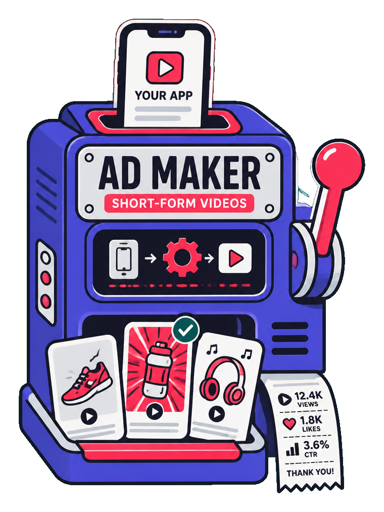 The MakerReels dispenser — drop your app in the top, pull the lever, and a rack of ad variants drops out the bottom with a receipt of results.